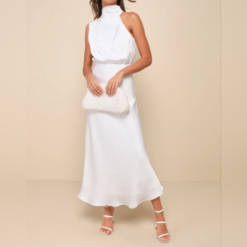 Lulus Distinctive Charm White Satin Asymmetrical Midi Dress, Size Medium